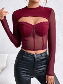 SHEIN Privé Áo lưới hở lưng tương phản cho nữ - Màu Đỏ Sâu - Xem 5