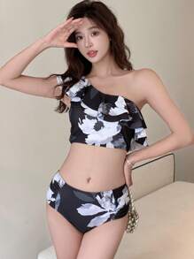 DAZY Conjunto de bikini de una sola hombro floral negro y blanco para verano y vacaciones en la playa, con volantes, traje de baño tipo tankini