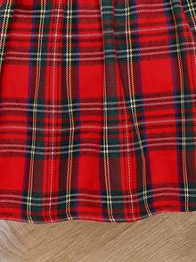 SHEIN 女嬰4件純色紐扣毛呢大衣+格子裙+圍巾帽子套裝 - 黑色 - 查看 5