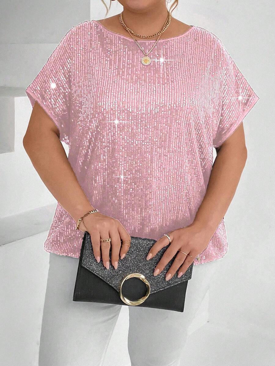 SHEIN BAE 大尺碼女款亮片蝙蝠翼袖 T 卹 - 淺粉色 - 查看 1
