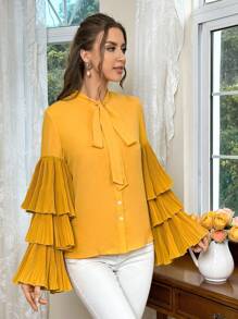 SHEIN Privé Của phụ nữ Nhiều lớp Tay áo xù Áo sơ mi Với Bowknot Và Dây thắt lưng - Màu vàng - Xem 5