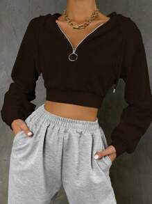 SHEIN Unity Solid Color Drop Shoulder Half Zipper Hooded Sweatshirt With Drawstring - Rust Brown - View 1