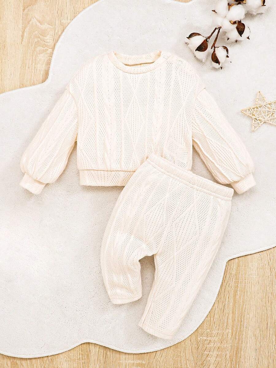 SHEIN Baby Girls' Solid Color Round Neck Drop Shoulder Sweatshirt And Long Pants Two Piece Set - White - View 1