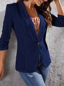 SHEIN LUNE 純色披風領單鈕西裝外套 - 藏蓝色 - 查看 1