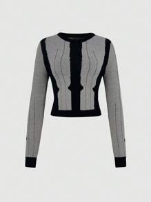 SHEIN Unity Women Sweaters Rib-Knit Contrast Binding Blok Warna Casual - Grey - View 1