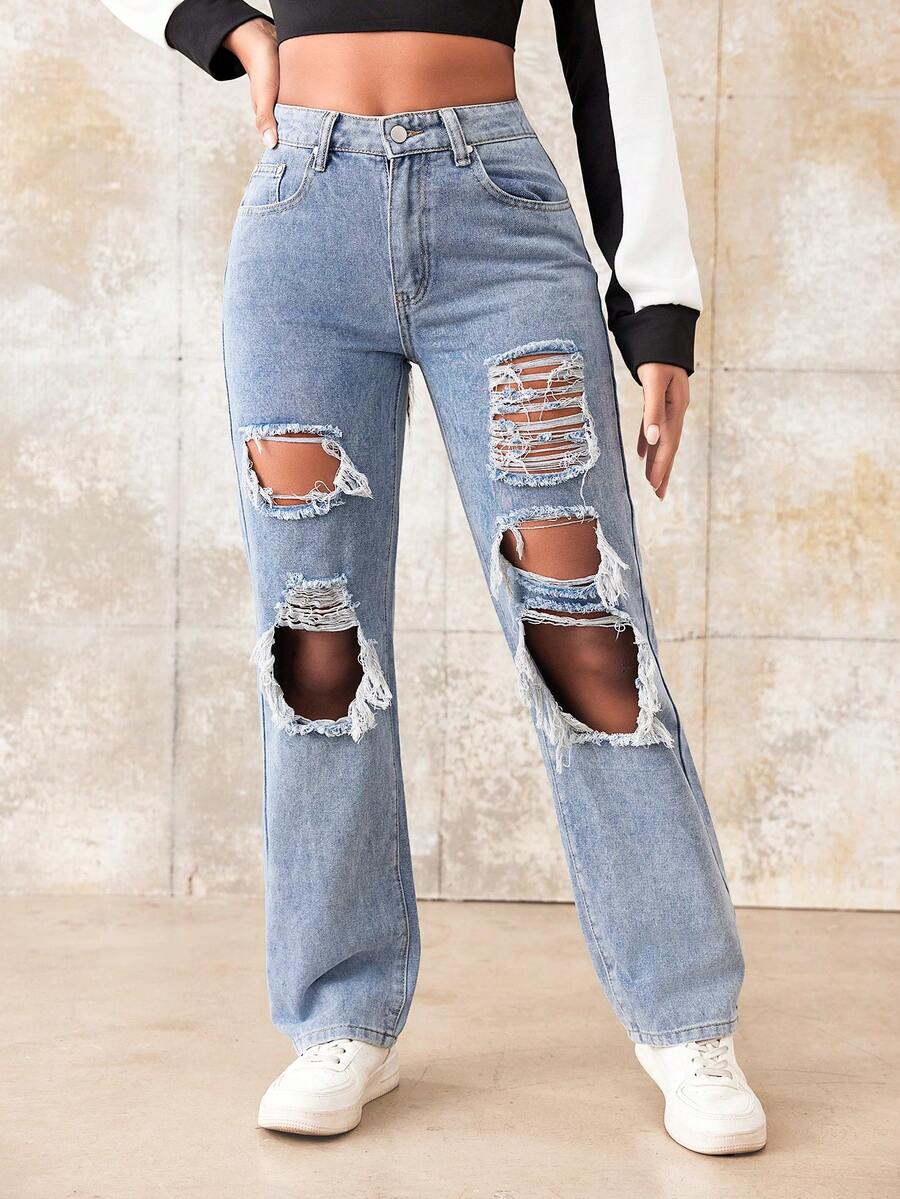 Phong cách đường phố Phù hợp thẳng Quần jean Distressed - Rửa nhẹ - Xem 1