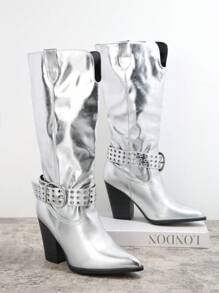 SHUZIA Giày bốt cao gót giữa bắp chân thiết kế mũi nhọn khóa kim loại thích hợp cho nữ đi tiệc, tụ tập - Bạc - Xem 2