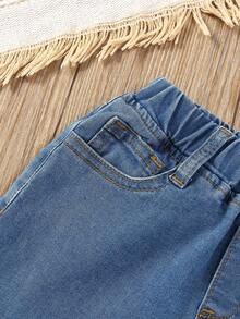 Pantalones vaqueros de verano para niños pequeños de unicolor con diseño simple y casual - Azul lavado medio - Ver 6