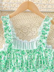 SHEIN Tween Girls' Printed Frill Edge Wide Strap Top