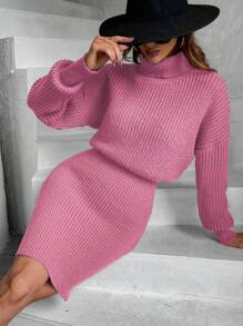 SHEIN Frenchy 純色高領下垂袖毛衣連衣裙 - 珊瑚粉 - 查看 5