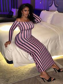Slaydiva Striped Off Shoulder Dress - Coffee Brown - View 3