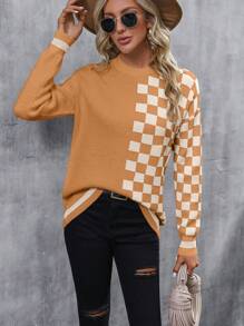 SHEIN LUNE 棋盘格拼接落肩针织套头衫秋冬毛衣 - 駝色 - 查看 6