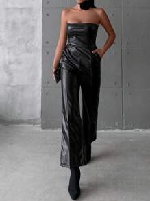 EURMUSE Women's Pu Leather Jumpsuit - Black - View 3