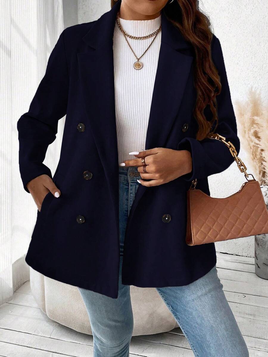 SHEIN Franclia Của phụ nữ Đôi ngực Màu thuần Len Áo khoác - Màu xanh hải quân - Xem 1