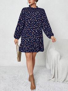 SHEIN Franclia 大尺碼花卉印花燈籠袖連身裙 - 藏蓝色 - 查看 4