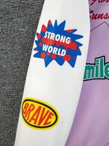 青少女甜美對比色字母印花棒球夾克,適用於秋冬季節 - 淡紫色 - 查看 8