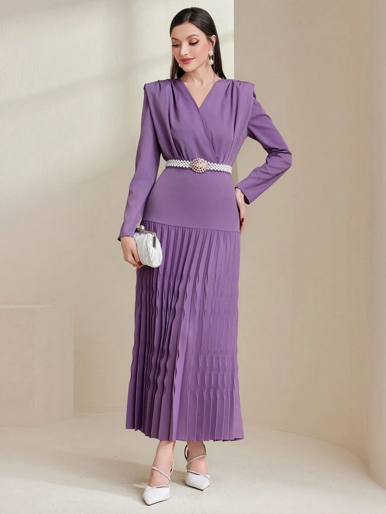 Women's Ruffle Shoulder Padded Pleated Hem Dress