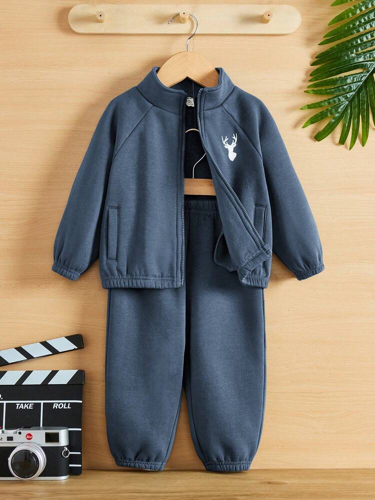 Unisex Baby Cartoon Elk Pattern Jacket With Stand Collar And Raglan Sleeves & Lightweight Cuffed Pants Set