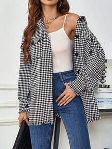 SHEIN LUNE 女式千鳥格圖案翻領口袋常規外套 - 黑與白 - 查看 5