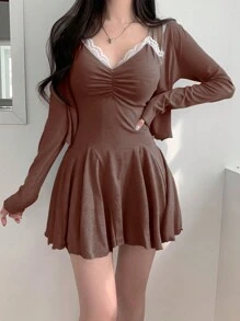 DAZY Lace Trim Cami Dress And Jacket Two Piece Set,Ruffle - Brown - View 4