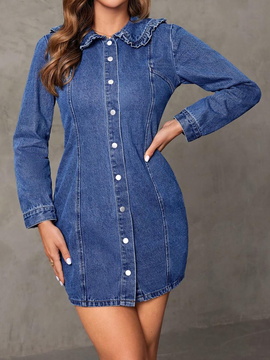 SHEIN Privé Long Sleeve Denim Dress With Ruffle Hem