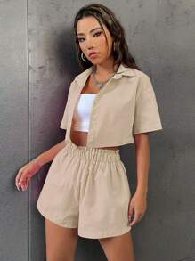 SHEIN Unity Solid Button Front Crop Blouse & Paperbag Waist Shorts - Apricot - View 5