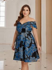 SHEIN Belle Plus Size Floral Off Shoulder Formal Dress For Cocktail Party - Multicolor - View 7