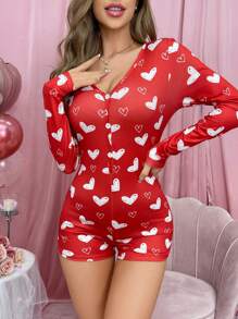 Women's Heart Pattern Button-down Romper Pajama - Red - View 5
