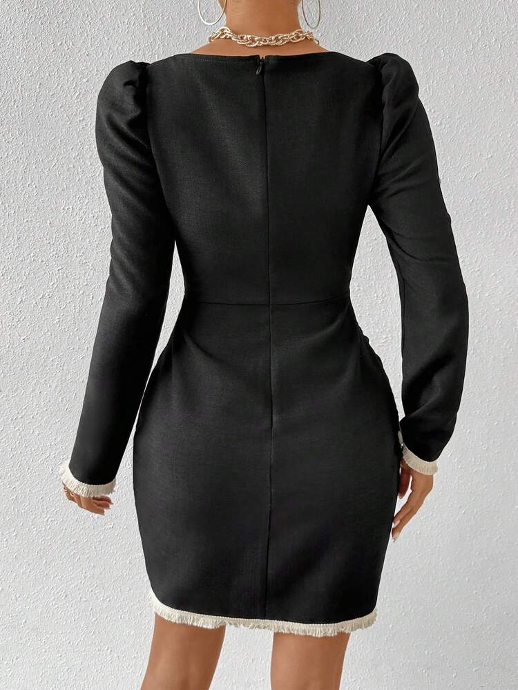 Women's Square Neck Wrap-front Pleated Dress With Tassel Detailing