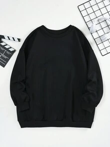 SHEIN EZwear Kích thước lớn Lá thư In Thả vai Áo nỉ - màu đen - Xem 3