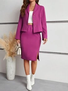 SHEIN Frenchy Ladies' Solid Color Single-Breasted Suit And Slit Hem Skirt Two Piece Set Christmas Elegant - Red Violet - View 4
