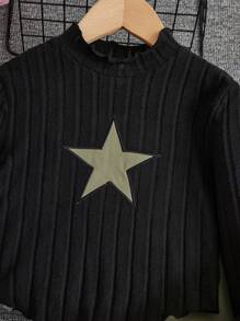 SHEIN 中小學階段女孩個性化酷編織短款立領長袖毛衣和加工長褲運動休閒套裝 - 軍綠色 - 查看 5