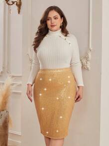 SHEIN Clasi Plus Size High Waisted Sequined Pencil Skirt - Gold - View 1