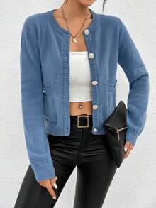 SHEIN Essnce Của phụ nữ Vòng cổ Tay áo dài Áo len Mở Áo len - Màu xanh lam - Xem 5