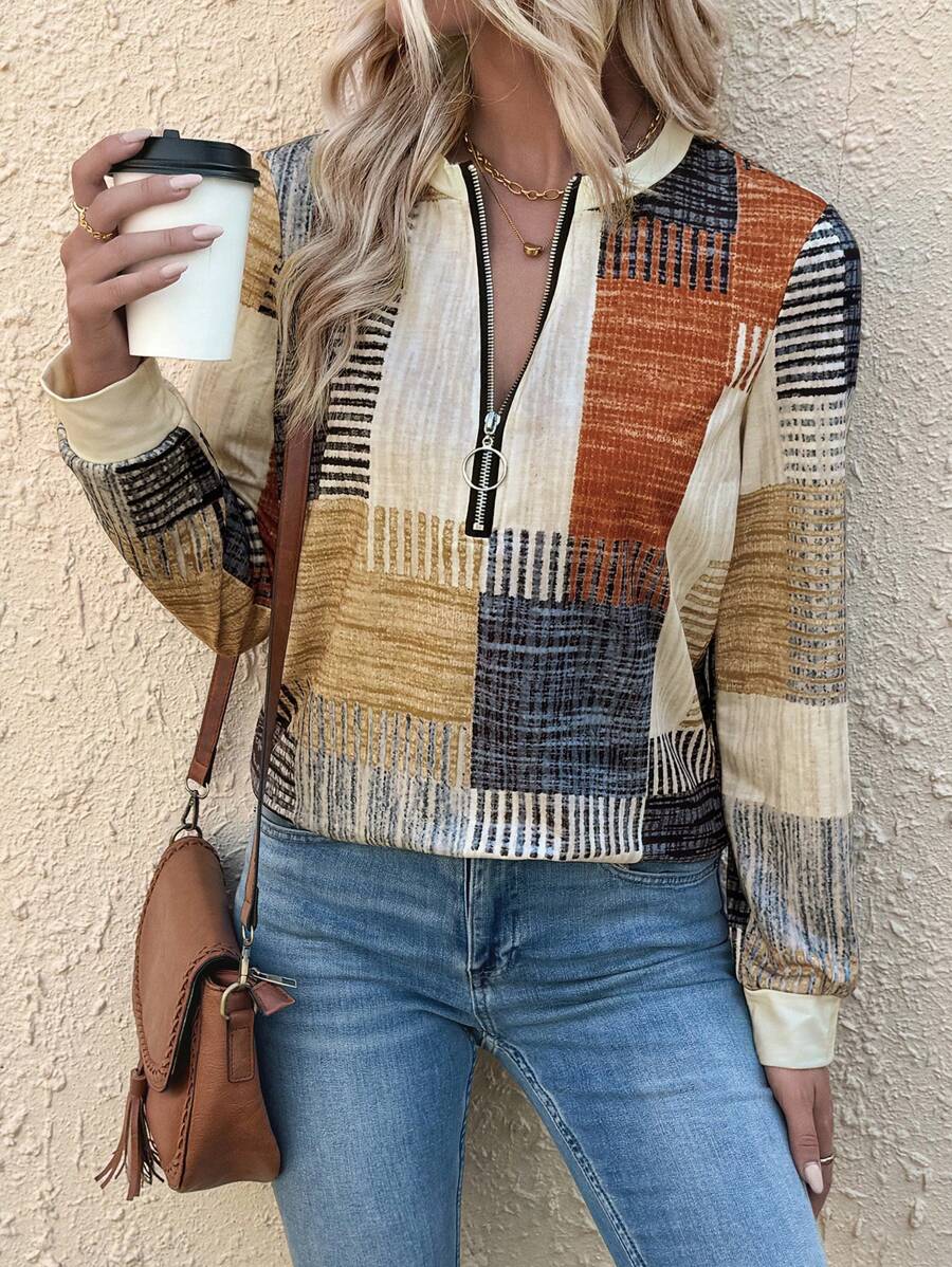 SHEIN LUNE Của phụ nữ Nối In ấn Giải trí Áo nỉ - Màu be - Xem 1