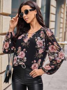 SHEIN Clasi In hoa Tay áo đèn lồng Áo sơ mi - Nhiều màu - Xem 3