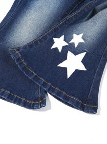 Baby Girls' Flared Denim Pants With Star Print - Medium Wash - View 7
