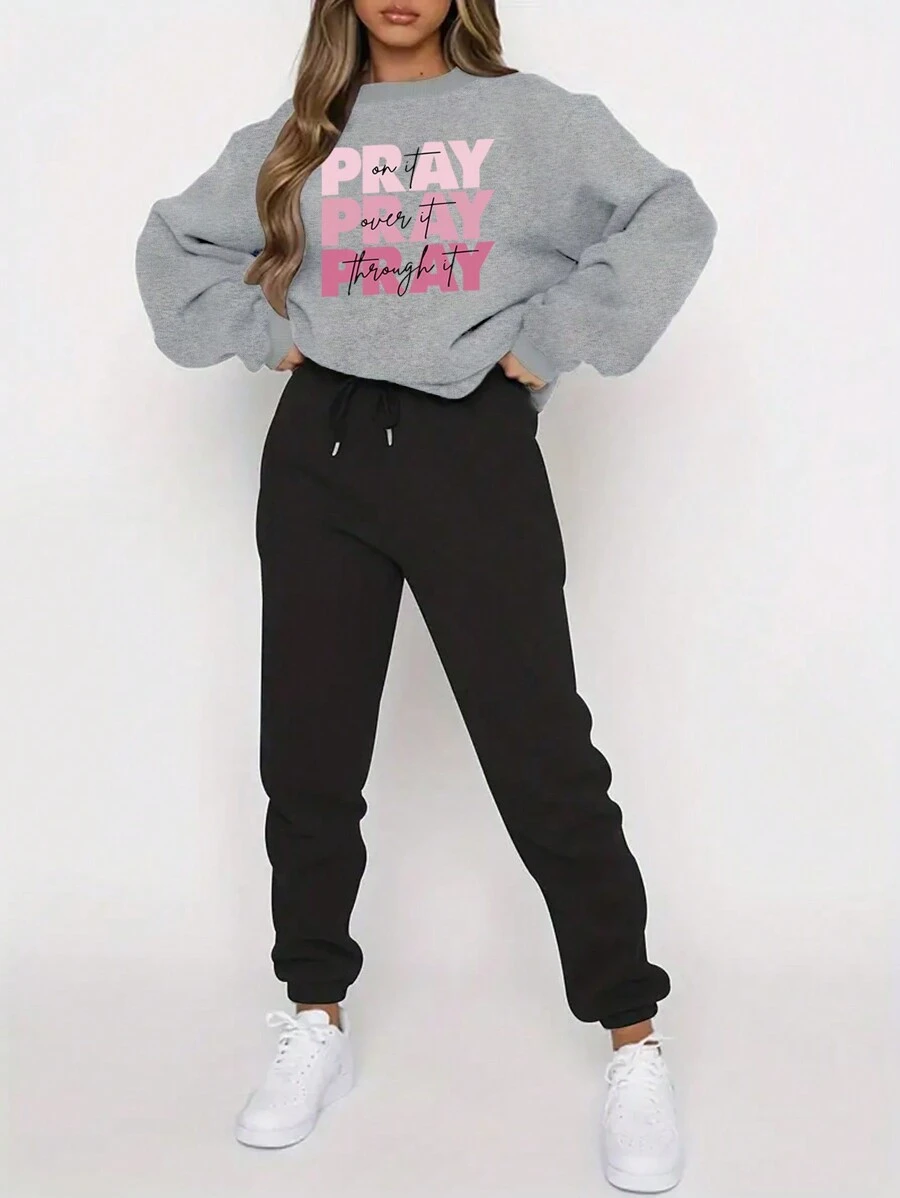 SHEIN EZwear 女士灰色字母印花連帽衫和黑色束口運動褲2件套裝 - 淺灰色 - 查看 1