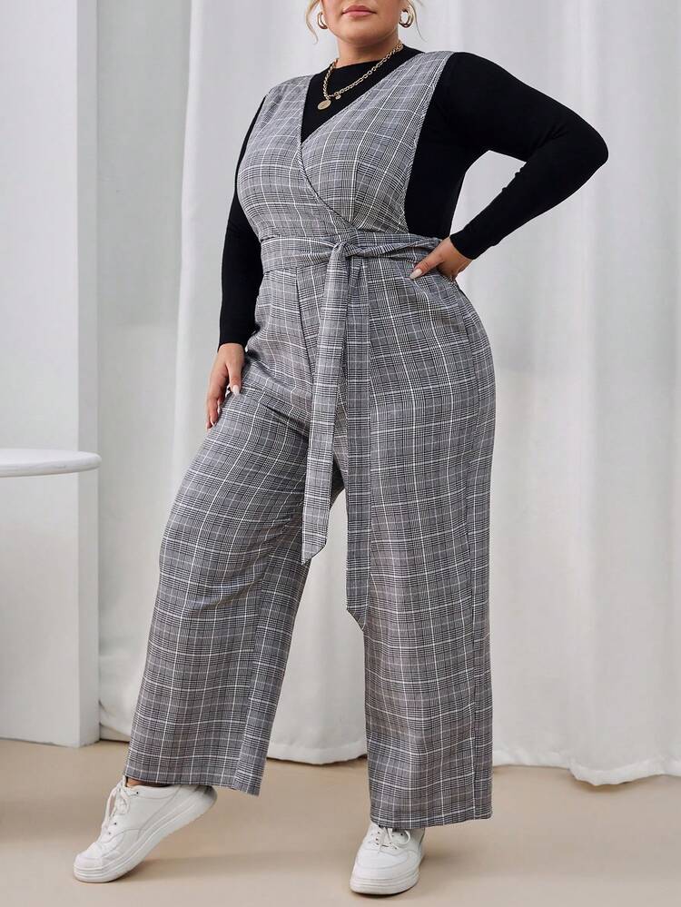 Women's Fashion Plus Size Grid Pattern Jumpsuit