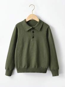 SHEIN 男童純色半頭扣開襟毛衣 - 軍綠色 - 查看 1