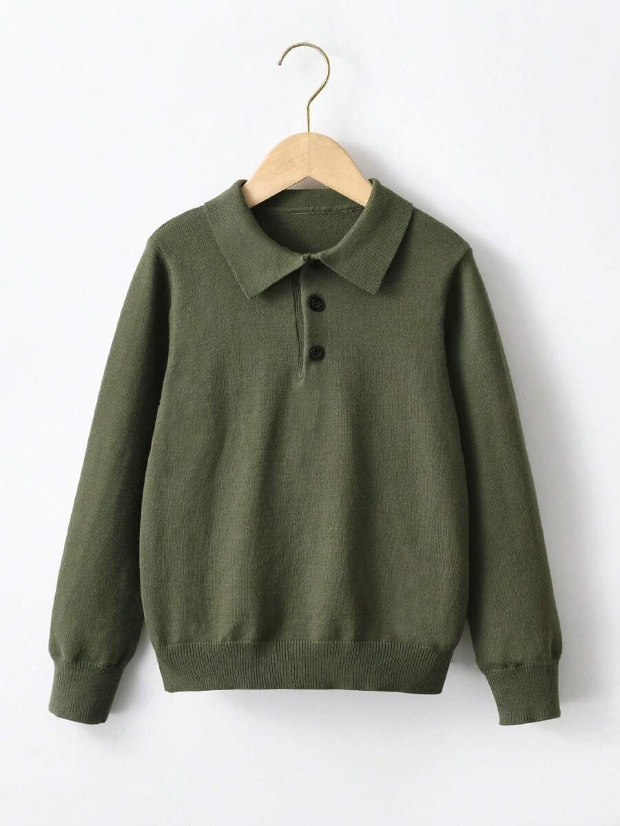 SHEIN 男童純色半頭扣開襟毛衣 - 軍綠色 - 查看 1