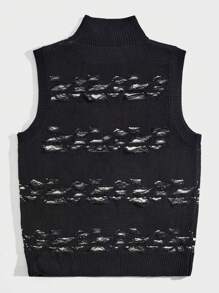 ROMWE MEN Street Life Men’s Turtleneck Sweater Vest With Distressed Design - Black - View 2
