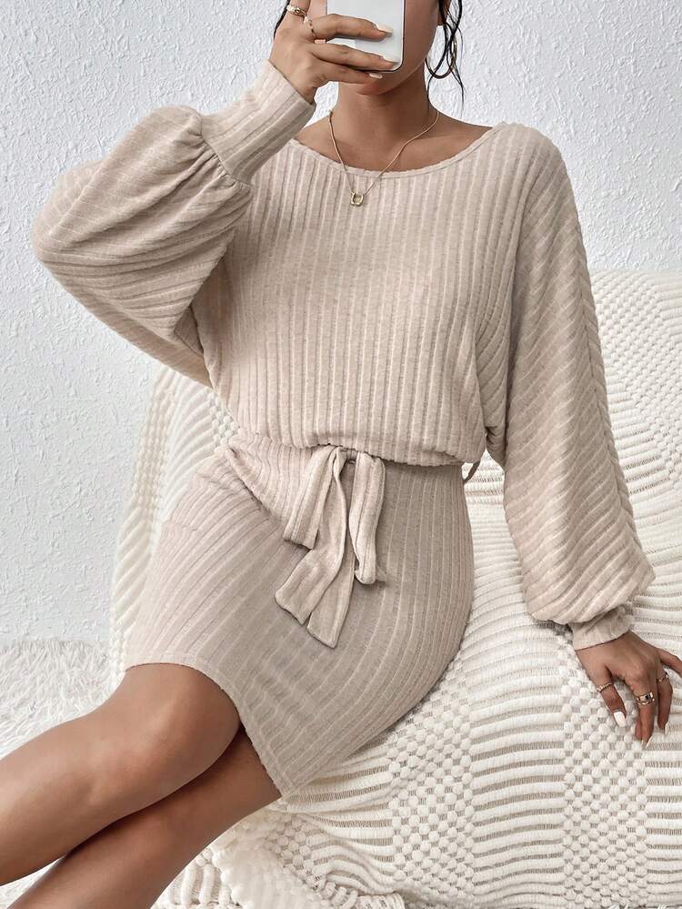 Crochet Patchwork Lantern Sleeve Dress Winter Casual