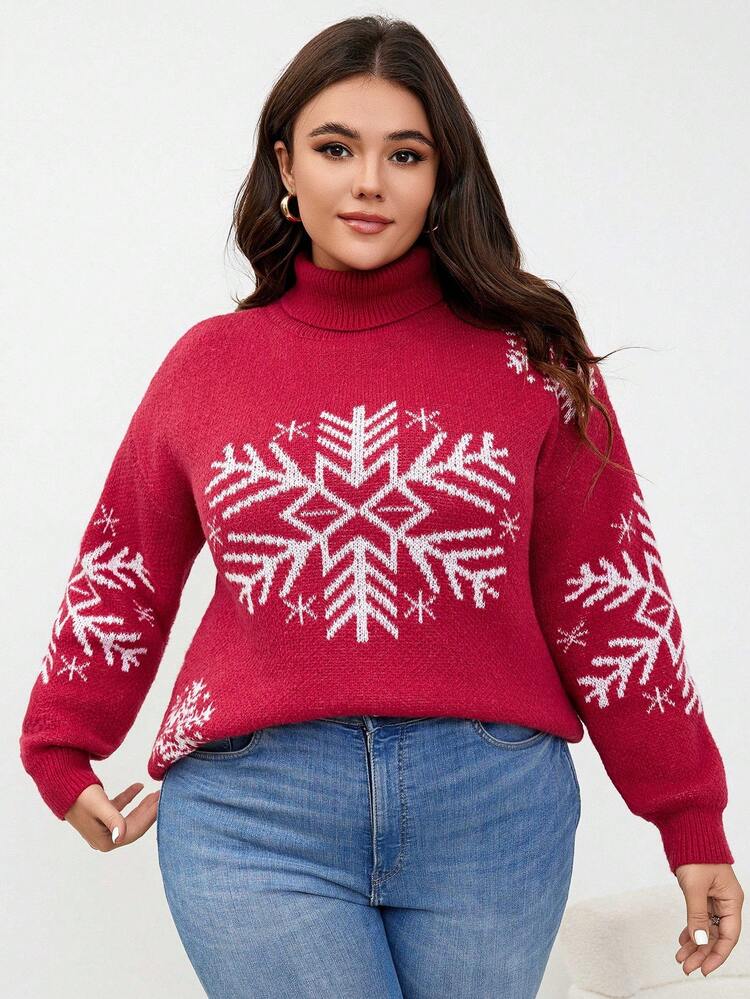 Plus Size Snowflake Patterned Turtleneck Sweater Pullover
