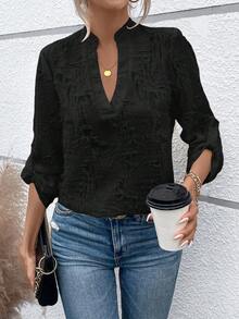 SHEIN LUNE 女性款v領開衩卷起袖子襯衫 - 黑色 - 查看 4