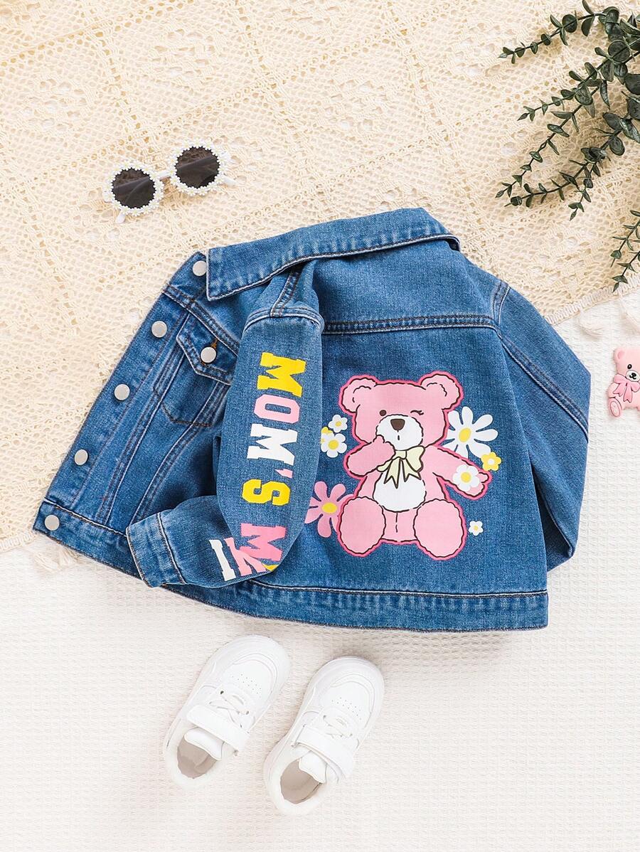 SHEIN 女童可愛藍色寬鬆丹寧夾克,帶有熊印花設計 - 淺色水洗藍 - 查看 1