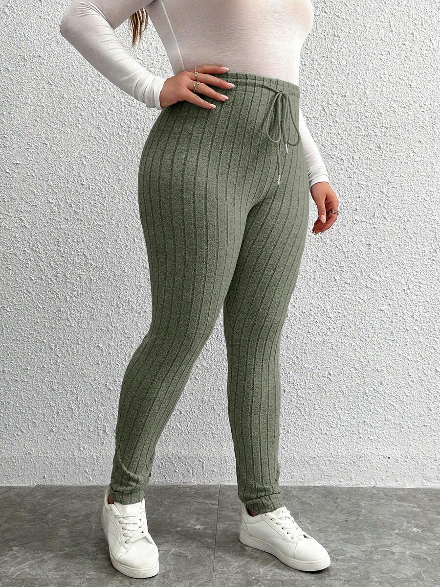 Calvaya Plus Size Skinny Ribbed Drawstring Waist Leggings - Army Green - View 1