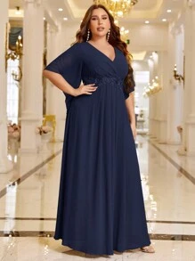 SHEIN Belle Vestido de dama de honor de talla grande con cuello en V bordado de unicolor con cintura, elegante vestido formal para fiesta de noche, boda, graduación, cena o fiesta