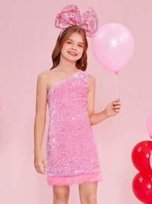 SHEIN Tween Girl Sequins Weave Asymmetrical Neck Sleeveless Dress With Slit