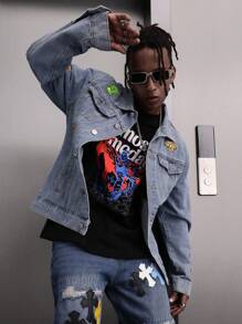 Manfinity Roghcode Men's Dinosaur Embroidered Denim Jacket - Blue - View 4